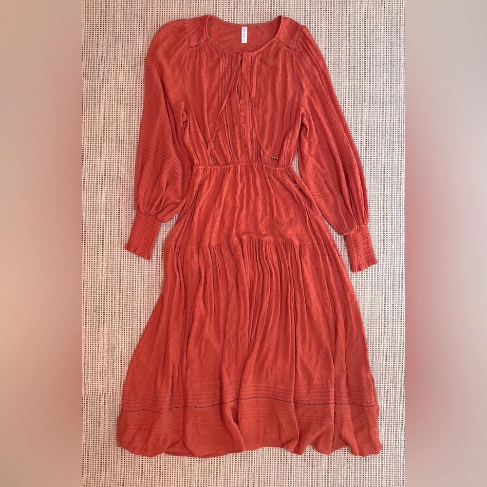 Kivari Boho Maxi Dress Rusty Orange Red Balloon Sleeve Tiered Pockets Size 6 - Picture 5 of 14